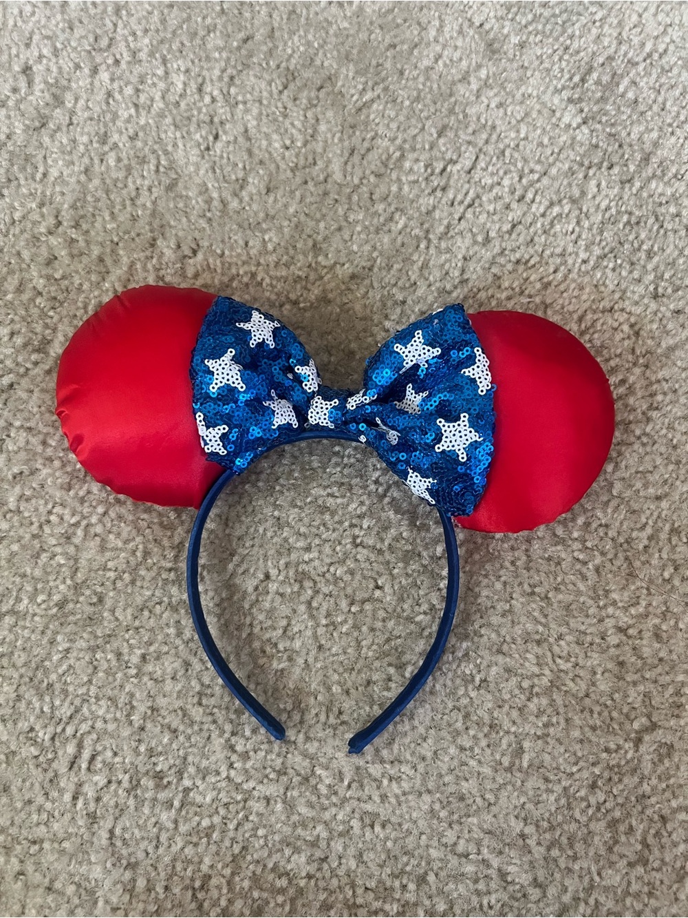 Red Satin Minnie-Style Ears Headband with Blue Sequin Star Bow